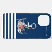 Coques Case-Mate iPhone Nom du bateau, fleurs d'ancre bleu marine rayé (Verso (horizontal))