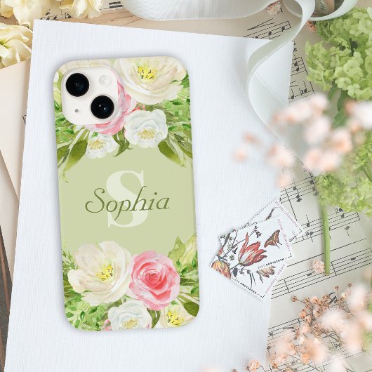 Coques Case-Mate iPhone Nom du monogramme Aquarelle rose verte Florale