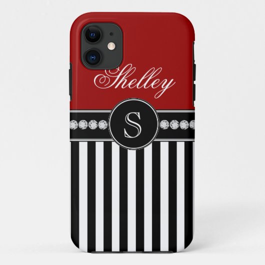 Coques Case-Mate iPhone Nom du monogramme de la fille Red Black Stripes (Dos)