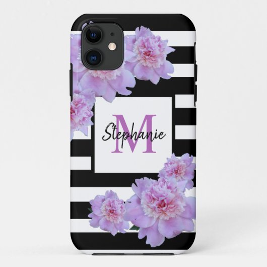 Coques Case-Mate iPhone Nom du monogramme Fleur rose Fleur noire Bande pou (Dos)