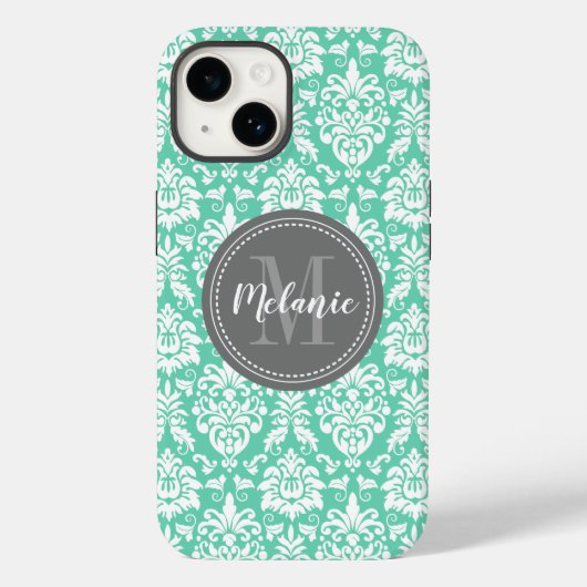 Coques Case-Mate iPhone Nom du monogramme gris de la menthe (Verso)