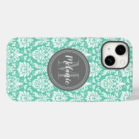 Coques Case-Mate iPhone Nom du monogramme gris de la menthe (Verso (horizontal))