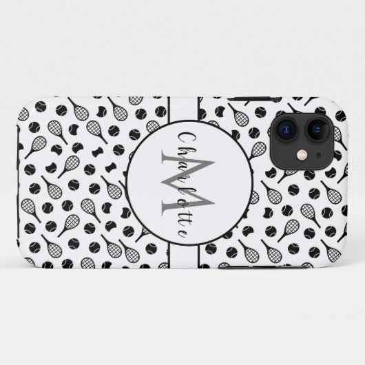 Coques Case-Mate iPhone Nom du monogramme Initiales Tennis Thème Noir & Bl (Dos (Horizontal))