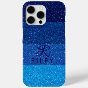 Coque iPhone 15 Pro Max Nom du monogramme parties scintillant bleue