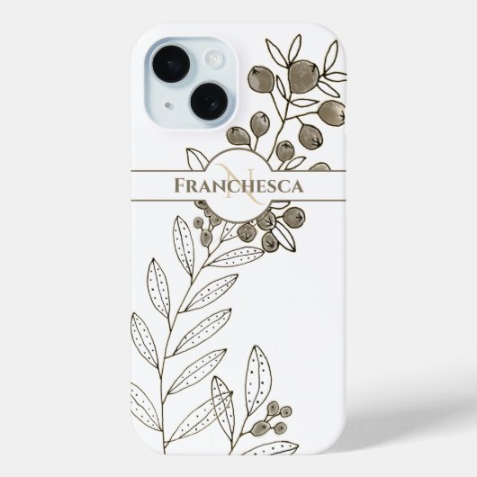 Coques Case-Mate iPhone Nom du monogramme personnalisé Feuilles Kaki Berri (Verso)