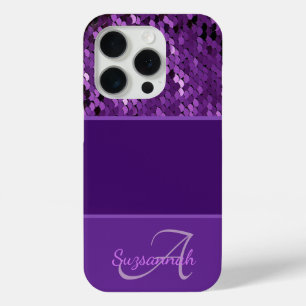 Coque iPhone 15 Pro Nom du monogramme personnalisé Séquines violettes