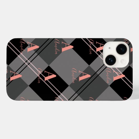 Coques Case-Mate iPhone Nom du monogramme Plaid Grey noir rose (Verso (horizontal))