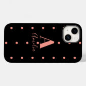 Coques Case-Mate iPhone Nom du monogramme Rose noir Pois or (Verso (horizontal))
