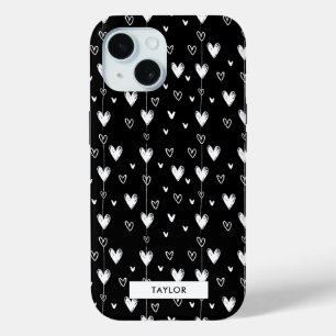 Coque Pour iPhone 15 Nom du Motif du coeur noir et blanc