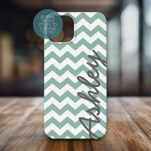 Coques iPhone 16 Plus Nom du script Motif Chevron tendance - gris menthe