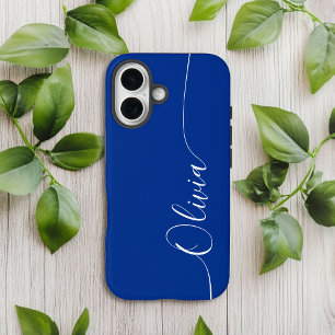 Coques iPhone 16 Nom élégant en calligraphie bleue et blanche