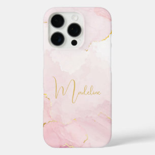 Coques iPhone 16 Pro Nom élégant en écriture dorée sur marbre rose