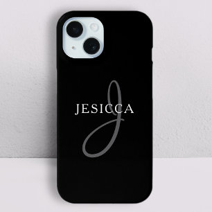 Coque Pour iPhone 15 Nom élégant Monogramme   Noir Blanc & Gris