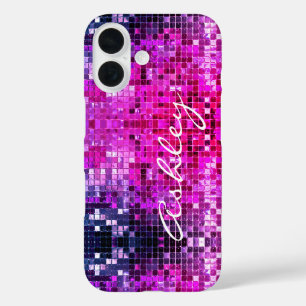Coques iPhone 16 Nom en écriture blanche sur strass rose