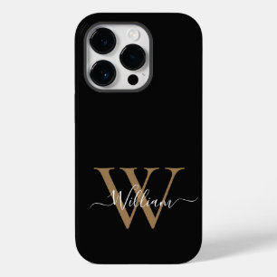 Coque Pour iPhone 14 Pro Nom en écriture monogramme moderne or noir