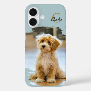 Coques iPhone 16 Nom en monogramme Photo de chien Pastel Bleu Minim
