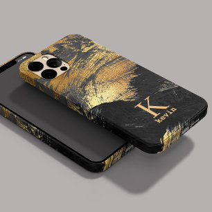 Coque Pour iPhone 14 Nom en or noir monogrammé élégant