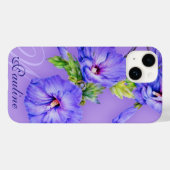 Coques Case-Mate iPhone Nom et hibiscus initial bleu violet (Verso (horizontal))