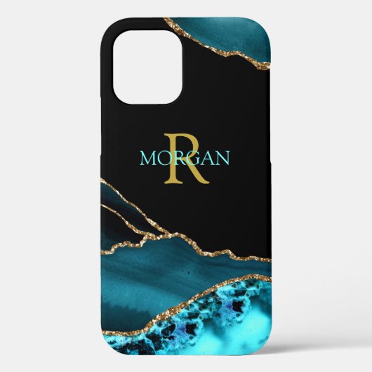 Coques Case-Mate iPhone Nom et monogramme, Agate sarcelle/noir, Texte or/s (Verso)
