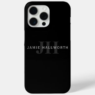 Coque iPhone 15 Pro Max Nom et monogramme modernes Gris et noir
