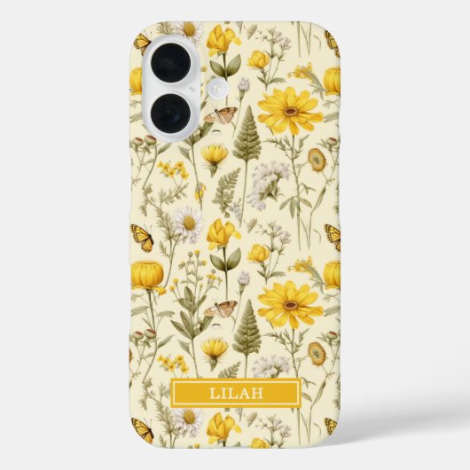 Coques Case-Mate iPhone Nom floral aquarelle botanique jaune (Verso)
