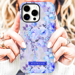 Coques iPhone 16 Pro Max Nom floral bleu romantique et lavande