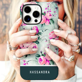 Coques Case-Mate iPhone Nom floral vert foncé et rose