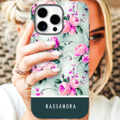 Coques Case-Mate iPhone Nom floral vert foncé et rose