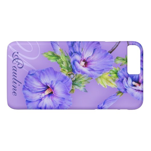Coques Case-Mate iPhone Nom & initiale cas iphone bleu violet hibiscus (Dos (Horizontal))