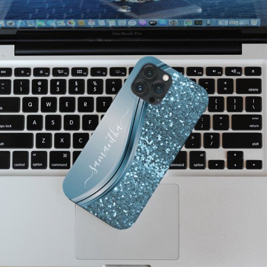 Coques Case-Mate iPhone Nom manuscrit Blue Metal Parties scintillant Look 
