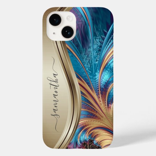 Coques Case-Mate iPhone Nom manuscrit Fractal Blue Gold (Verso)