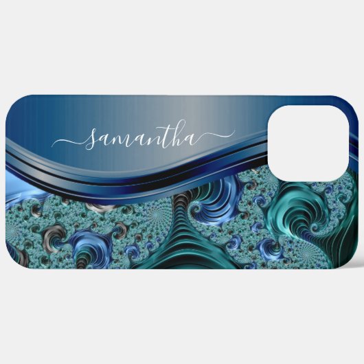 Coques Case-Mate iPhone Nom manuscrit Fractal Blue moderne (Retour (horizontal))
