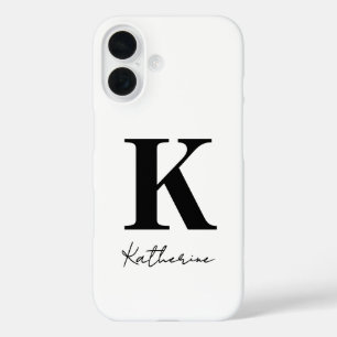 Coques iPhone 16 Nom Moderne Initiale Blanc Personnaliser Noir