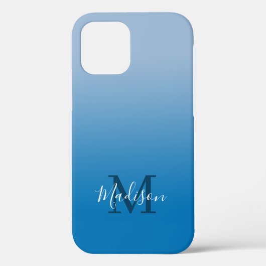 Coques Case-Mate iPhone Nom moderne Monogramme Lumière au dégradé bleu fon (Verso)