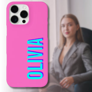 Coques iPhone 16 Pro Max Nom moderne Neon Blue 3D Cool tendance rose