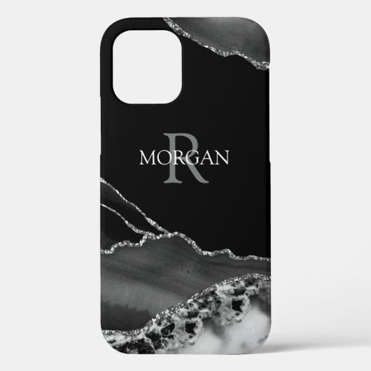 Coques Case-Mate iPhone Nom & Monogramme, Agate noir et blanc, Texte blanc (Verso)
