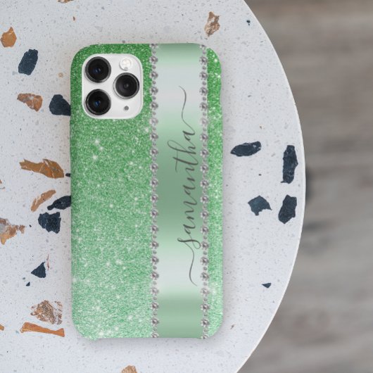 Coques Case-Mate iPhone Nom Monogramme Calligraphie Paillettes Vert Diaman