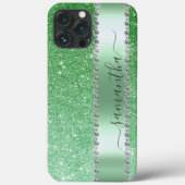 Coques Case-Mate iPhone Nom Monogramme Calligraphie Paillettes Vert Diaman (Verso)