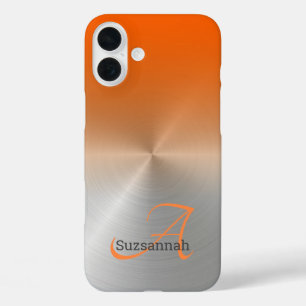Coques iPhone 16 Plus Nom Monogramme Élégant Orange Ombre Faux Métal