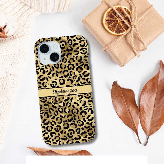 Coques Case-Mate iPhone Nom Monogramme Imprimé Léopard Noir Or Cheetah