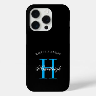 Coque iPhone 15 Pro Nom Monogramme Moderne Noir Bleu Blanc