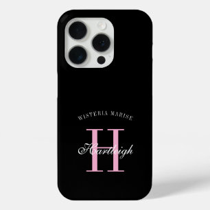 Coque iPhone 15 Pro Nom Monogramme Moderne Rose Noir Blanc
