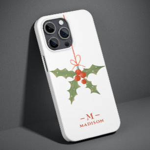 Coque Pour iPhone 14 Pro Nom Monogramme Noël Holly Floral Hiver