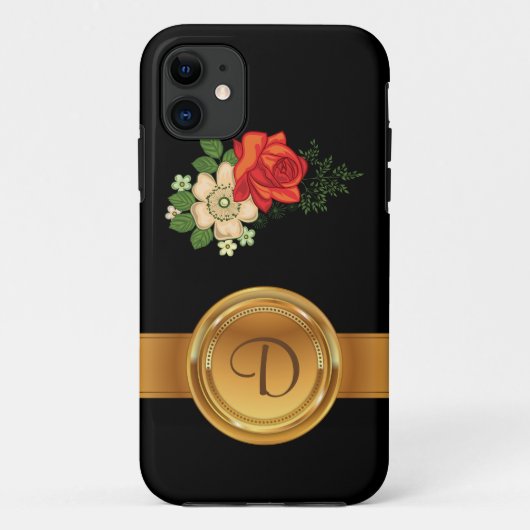 Coques Case-Mate iPhone Nom monogramme or Rose rouge et Pâquerettes (Dos)