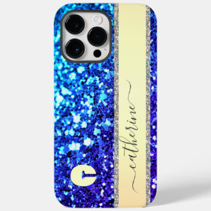 Coque Pour Pour iPhone 14 Pro Max Nom Monogrammé Pailleté Rayure Navy Tendance Éléga