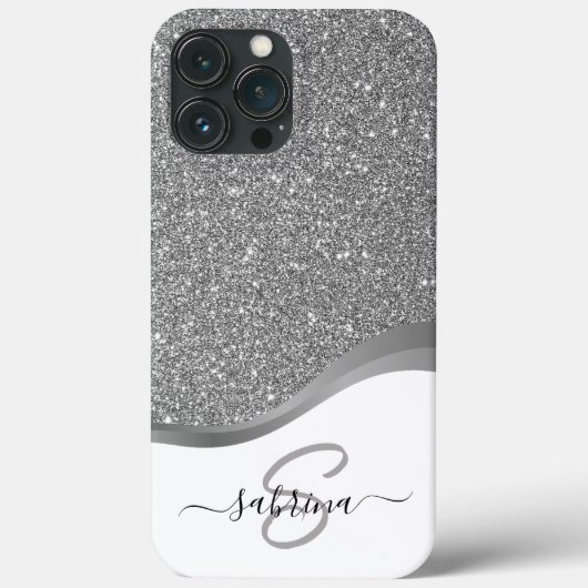 Coques Case-Mate iPhone Nom Monogramme Paillettes Argent Noir Élégant Clas (Verso)
