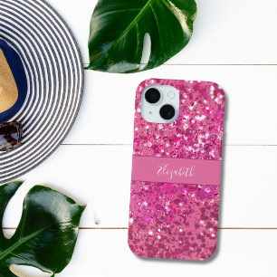 Coque Pour iPhone 15 Nom Monogramme Paillettes Rose Chaud Filleul