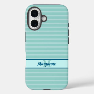 Coques iPhone 16 Nom monogramme personnalisé motif à bandes turquoi