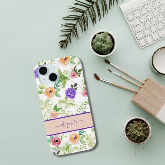 Coques Case-Mate iPhone Nom Monogramme Rose Violet Pêche Aquarelle Floral