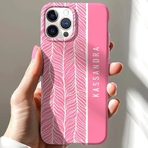 Coque Pour iPhone 15 Nom personnalisé à motif chevron rose et blanc
